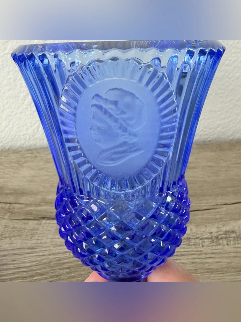 Avon Fostoria George and Martha Washington Glasses Blue Cobalt Goblets 8” tall